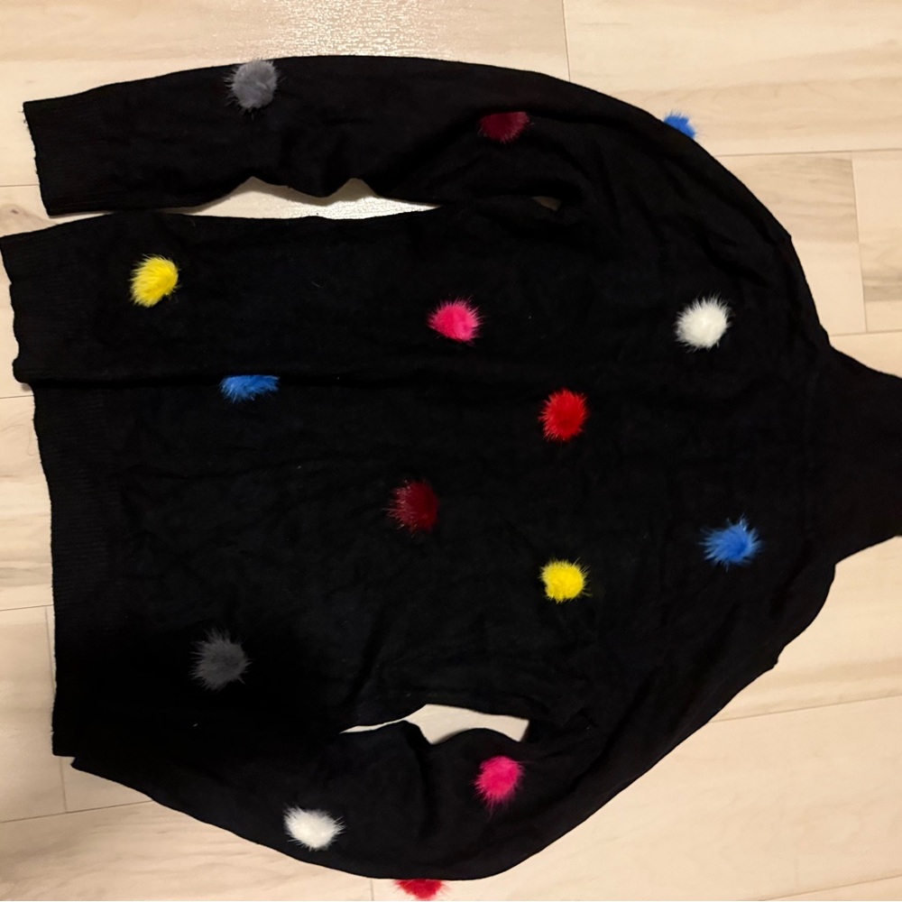 Black Sweater with Colorful Pom Poms